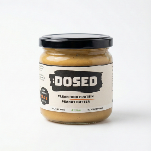 Jar of Dosed clean high protein peanut butter on a white background